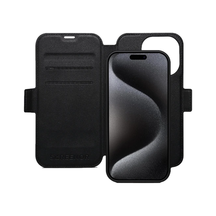 Screenor iPhone 16 Pro First -lompakkokotelo, musta